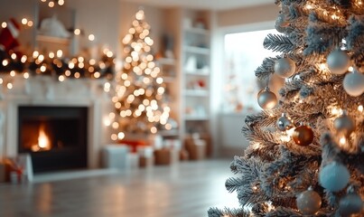 Naklejka premium decorated Christmas tree in a cozy room near the fireplace,