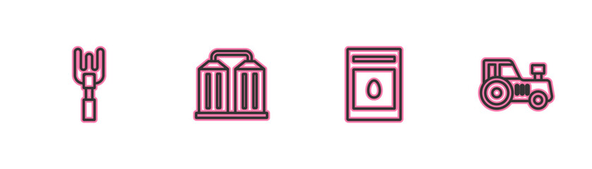 Set line Garden rake, Pack full of seeds of plant, Granary and Tractor icon. Vector