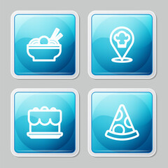 Set line Asian noodles in bowl, Chef hat with location, Cake and Slice of pizza icon. Vector