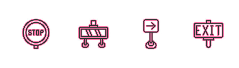 Set line Stop sign, Traffic turn right, Road barrier and Fire exit icon. Vector