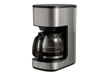 Stainless steel automatic drip coffee maker brewing fresh dark beverage in a glass carafe on a transparent background