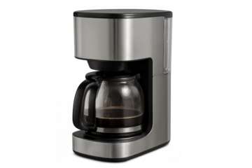 Stainless steel automatic drip coffee maker brewing fresh dark beverage in a glass carafe on a transparent background