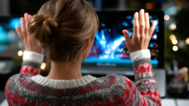 Back view of designer's shoulders framing focused screen with seamless New Year vector pattern display, with copy space