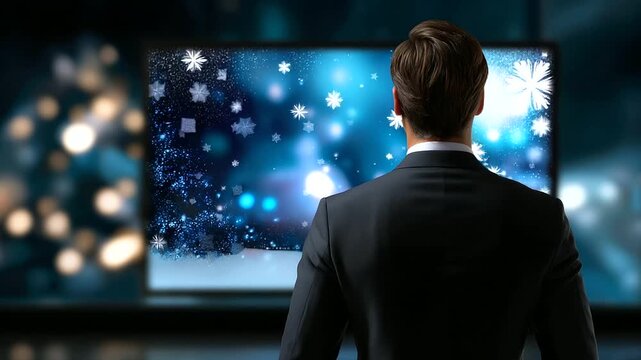 Back view of designer's shoulders framing focused screen with seamless New Year vector pattern display, with copy space