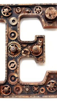 A futuristic mechanical representation of the letter E made up of interlocking gears