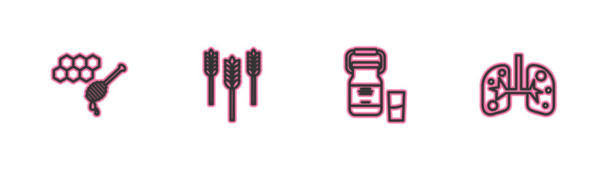 Set line Honeycomb with honey dipper, Can container for milk, Wheat and Lungs icon. Vector