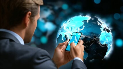 Back view of executive using smartphone with clear focused holographic global network and information flow, with copy space - Powered by Adobe