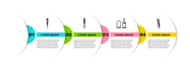 Set line Syringe, Nail file, Lipstick and Eyebrow tweezers. Business infographic template. Vector