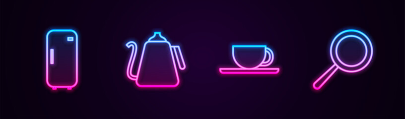 Set line Refrigerator, Kettle with handle, Coffee cup and Frying pan. Glowing neon icon. Vector