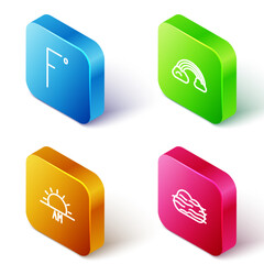 Set Isometric line Fahrenheit, Rainbow with clouds, Sunrise and Fog and icon. Vector
