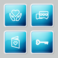 Set line Heart in hand, Like heart, Valentines day flyer with and Key shape icon. Vector