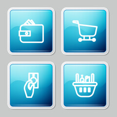 Set line Wallet with paper money cash, Shopping cart, Hand holding and basket food icon. Vector