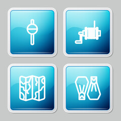 Set line Fishing float, Spinning reel for fishing, Folded map and Rubber flippers swimming icon. Vector