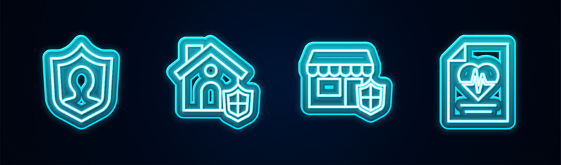 Set line Life insurance with shield, House, Shopping building and Health. Glowing neon icon. Vector