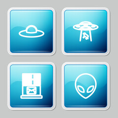 Set line UFO flying spaceship, abducts cow, Mail server and Alien icon. Vector