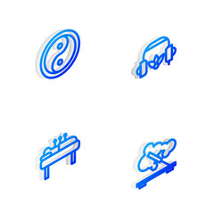 Set Isometric line Headphones for meditation, Yin Yang, Acupuncture therapy and Scented spa stick icon. Vector