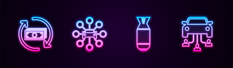 Set line Refund money, Car sharing, Aviation bomb and . Glowing neon icon. Vector