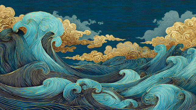 Artistic seascape with rolling stylized waves and golden clouds
