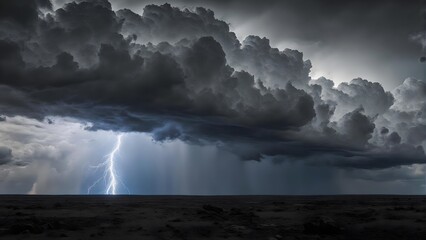 Powerful lightning bolt illuminates dark storm clouds and rain over a vast, moody landscape