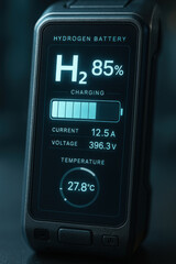 Hydrogen battery charging display shows H2 85% with energy storage status and temperature gauge compact portable device indicating power level and charging current