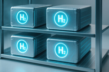 Hydrogen battery energy storage H2 module on rack visible lighting modern storage system for renewable power and sustainable infrastructure