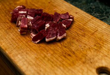 Diced Beef and Pork Fat on Wooden Board for Cooking