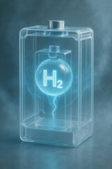 Hydrogen battery energy storage + hydrogen fuel cell concept in glowing container showing H2 sphere and power flow cinematic blue lighting futuristic clean technology