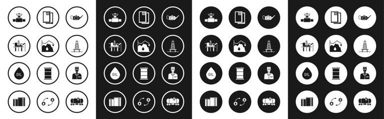 Set Canister for motor oil, Drop in crude price, Oil platform the sea, Industry pipe and valve, rig with fire, Barrel, Oilman and drop icon. Vector