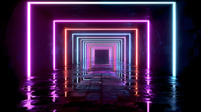 A futuristic tunnel illuminated by pink orange and blue neon lights
