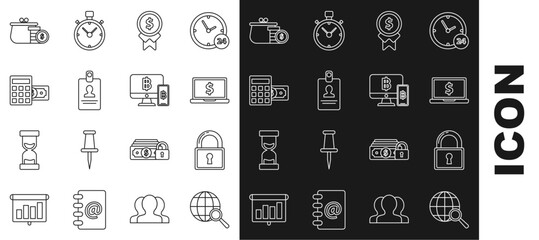 Set line Magnifying glass with globe, Lock, Laptop dollar symbol, Reward for good work, Identification badge, Calculator, Wallet coins and Computer monitor mobile phone and bitcoin icon. Vector