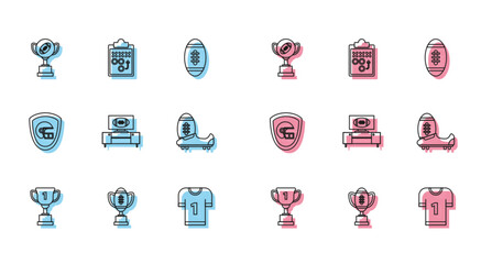 Set line Award cup, and American football ball, jersey, on tv program stand, Soccer or shoes with spikes, helmet shield and Planning strategy concept icon. Vector