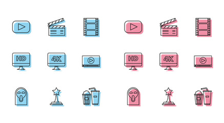 Set line Funny and scary ghost mask, Movie trophy, Play, Popcorn soda drink glass, Computer PC monitor with 4k video technology, Online play, HD and clapper icon. Vector