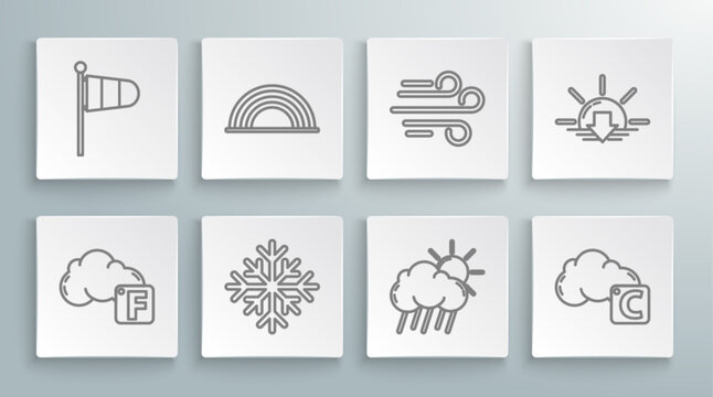 Set line Fahrenheit and cloud, Rainbow with clouds, Snowflake, Cloud rain sun, Celsius, Wind, Sunset and Cone meteorology windsock wind vane icon. Vector