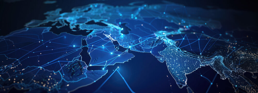 Global Connectivity: The earth is shown in a unique perspective, a vibrant network of connected dots, each representing a hub of data, communication, and technological innovation.