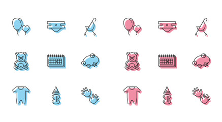 Set line Baby clothes, bottle, Balloons in form of heart, hands print, Calendar, Rattle baby toy, Teddy bear plush and absorbent diaper icon. Vector