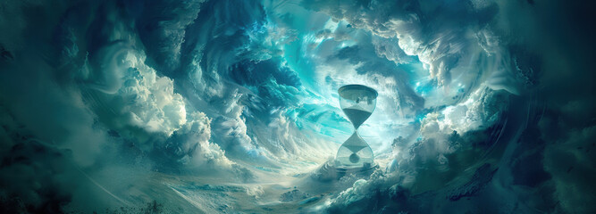 Time's Passage: An hourglass, a timeless symbol, is encased within a swirling vortex of celestial clouds, representing the continuous flow of time and the mysteries of existence.