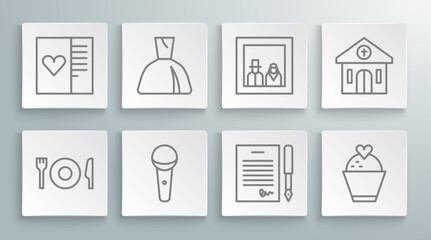 Set line Plate, fork and knife, Woman dress, Microphone, Marriage contract, Wedding cake with heart, Family photo, Church building and Postcard icon. Vector