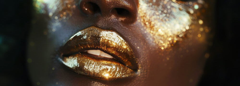 Golden Glamour: The close-up shot of a model's face, meticulously adorned with golden glitter on the lips and cheeks, is a celebration of beauty, artistry, and self-expression. 