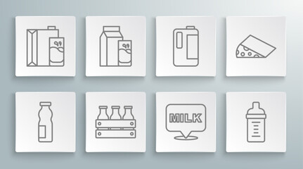Set line Drinking yogurt in bottle, Paper package for kefir, Bottled milk wooden box, Lettering, Baby, Milk plastic, Cheese and icon. Vector