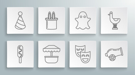 Set line Corn dog, Magician hat and rabbit ears, Attraction carousel, Comedy theatrical masks, Cannon, Ghost, Riding kid duck and Party icon. Vector