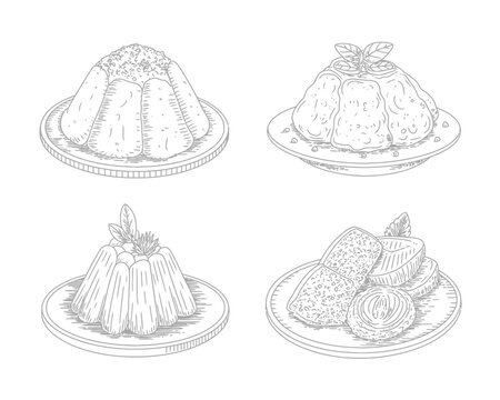 Collection of four hand-drawn sketch puddings and desserts art