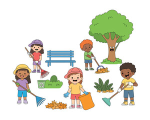 Kids happily cleaning park, raking leaves, promoting teamwork