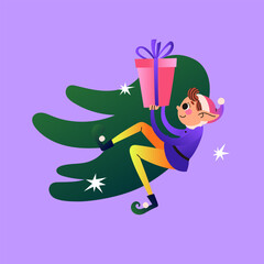 Christmas elf with spruce branch, present and stars. Santa Claus helper. Festive elf isolated on purple background. Vector illustration.