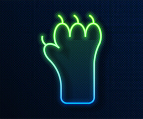 Glowing neon line Paw print icon isolated on blue background. Dog or cat paw print. Animal track. Vector