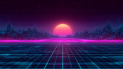 Retro Wave 3D 80s Sunset neon light Landscape Mountains Illustration Background