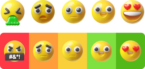 Fototapeta premium A set of yellow 3D emoji with various emotions, isolated and on bright backgrounds.
