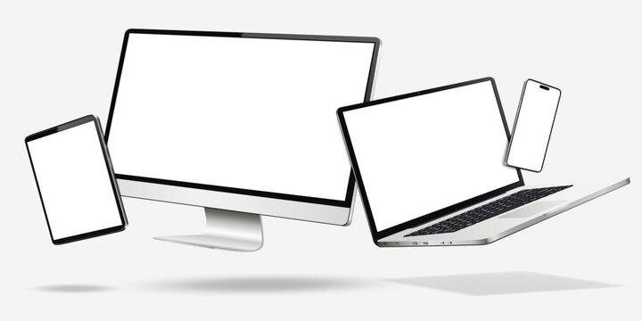 Flying computer display, laptop, tablet, mobile phone with white screen isolated