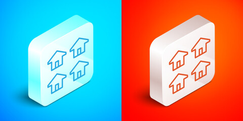 Isometric line House icon isolated on blue and red background. Real estate agency or cottage town elite class. Silver square button. Vector