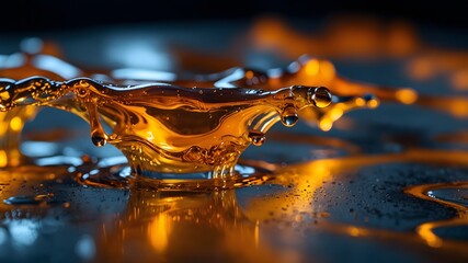 Glossy amber liquid motion with blue reflections – macro abstract splash ideal for luxury branding, wallpapers and high-end modern visuals
