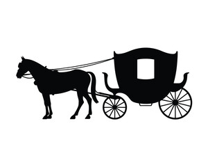 Black silhouette illustration of a vintage horse and carriage on a white background
